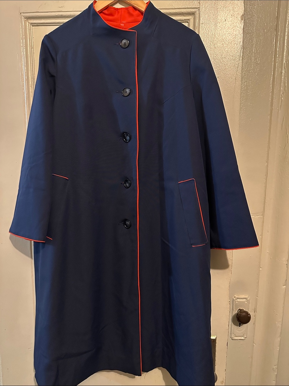 Perlette FashionsWomen's Navy Coat with Red Trim Classic Single-Breasted Jacket.